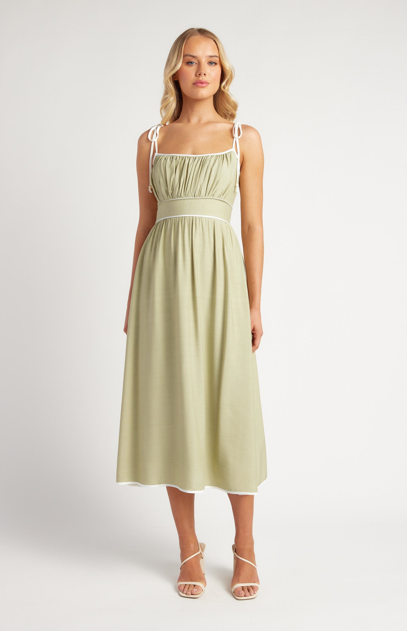 Cotton Blend Contrast Binding Midi Dress with Shoulder Tie