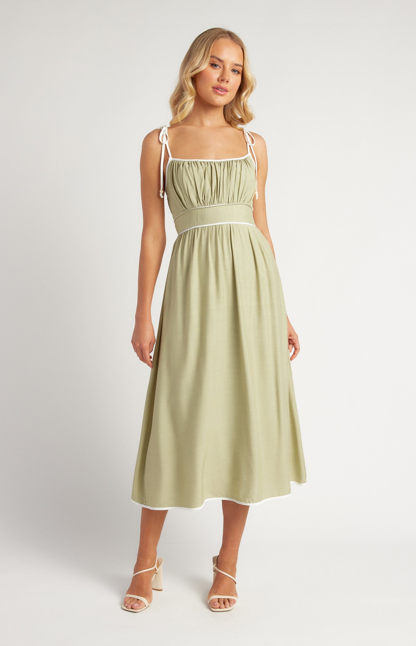 Cotton Blend Contrast Binding Midi Dress with Shoulder Tie