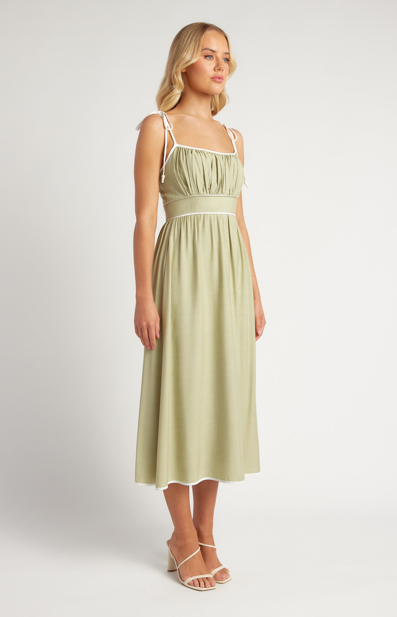 Cotton Blend Contrast Binding Midi Dress with Shoulder Tie