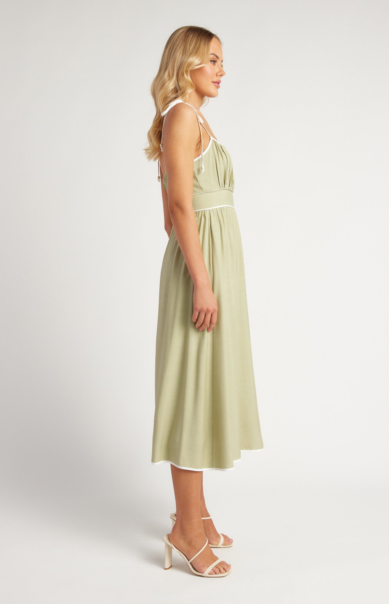 Cotton Blend Contrast Binding Midi Dress with Shoulder Tie