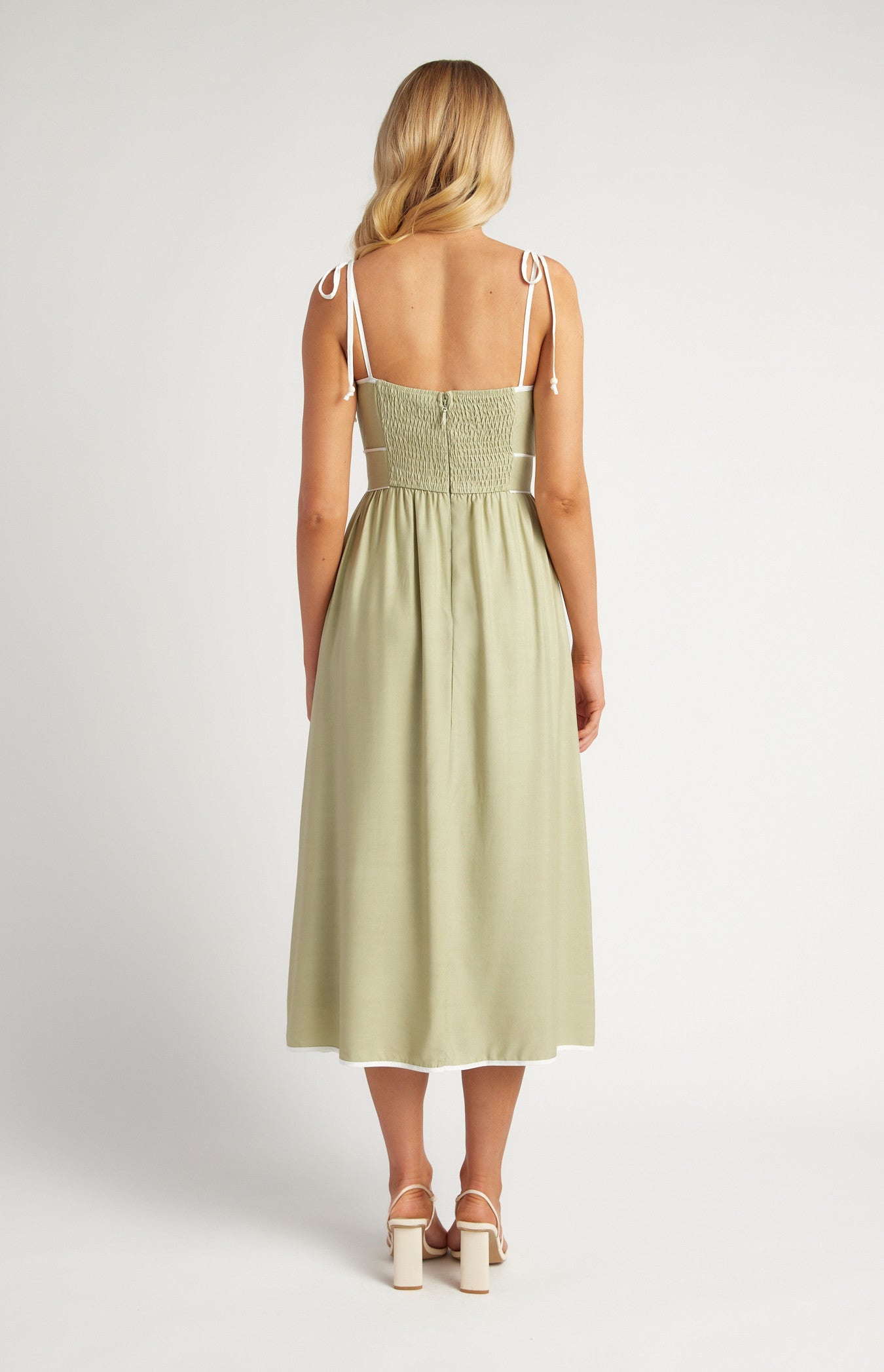 Cotton Blend Contrast Binding Midi Dress with Shoulder Tie