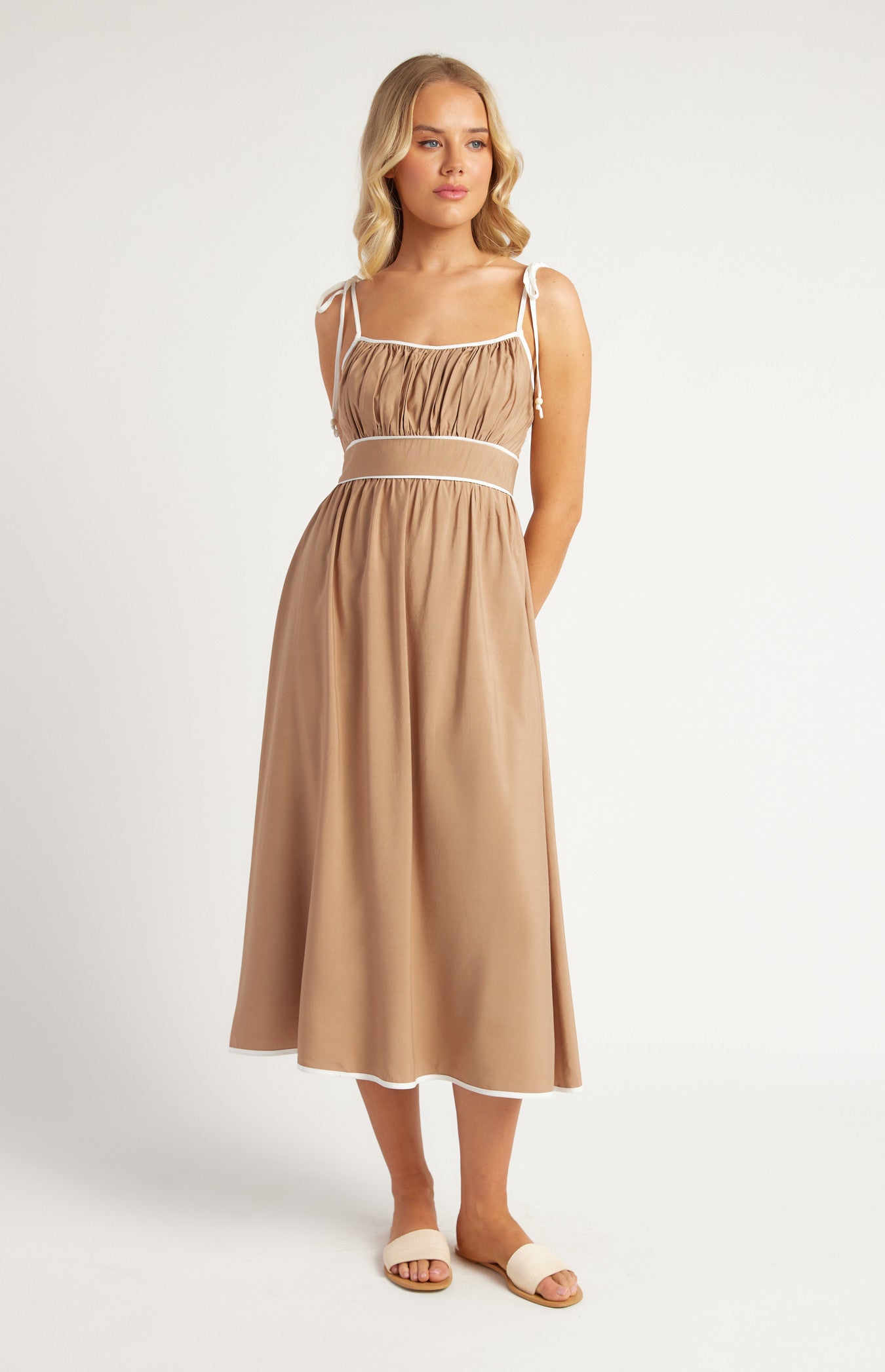 Cotton Blend Contrast Binding Midi Dress with Shoulder Tie