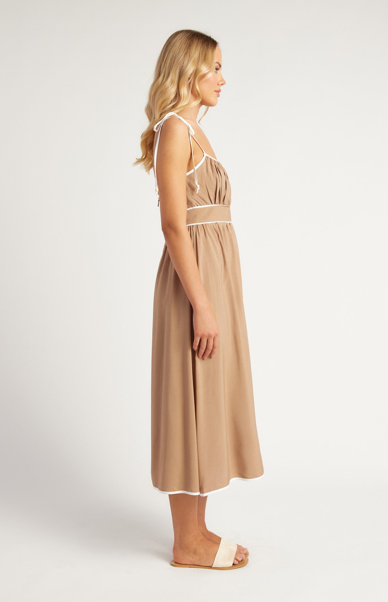 Cotton Blend Contrast Binding Midi Dress with Shoulder Tie