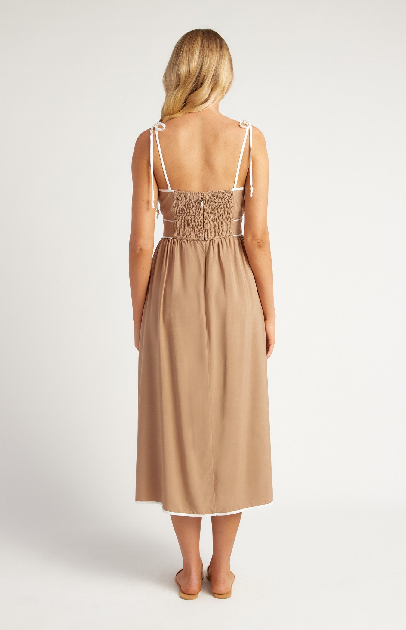Cotton Blend Contrast Binding Midi Dress with Shoulder Tie