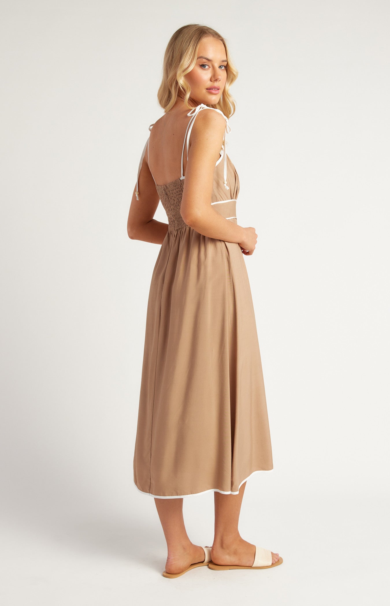 Cotton Blend Contrast Binding Midi Dress with Shoulder Tie
