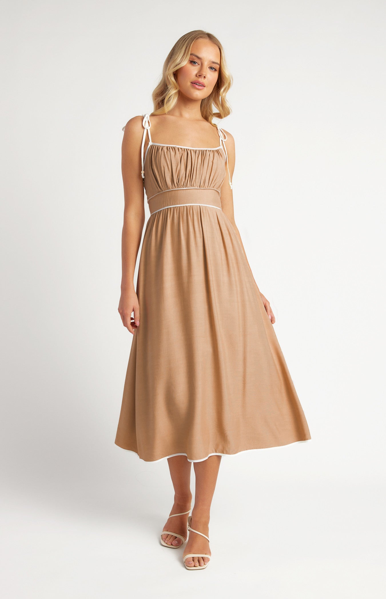 Cotton Blend Contrast Binding Midi Dress with Shoulder Tie