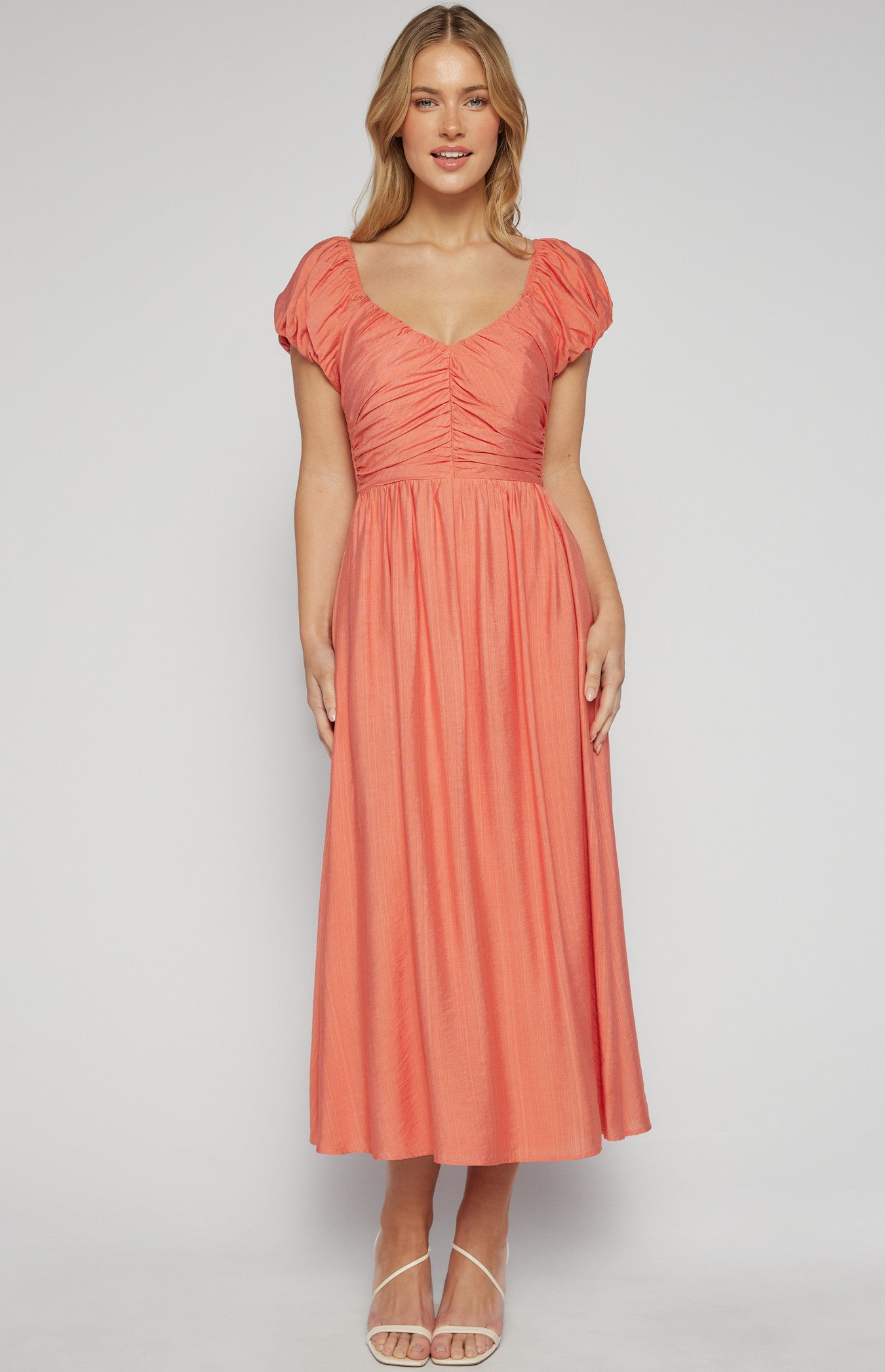 Bubble Sleeve Gathered Bodice Midi Dress