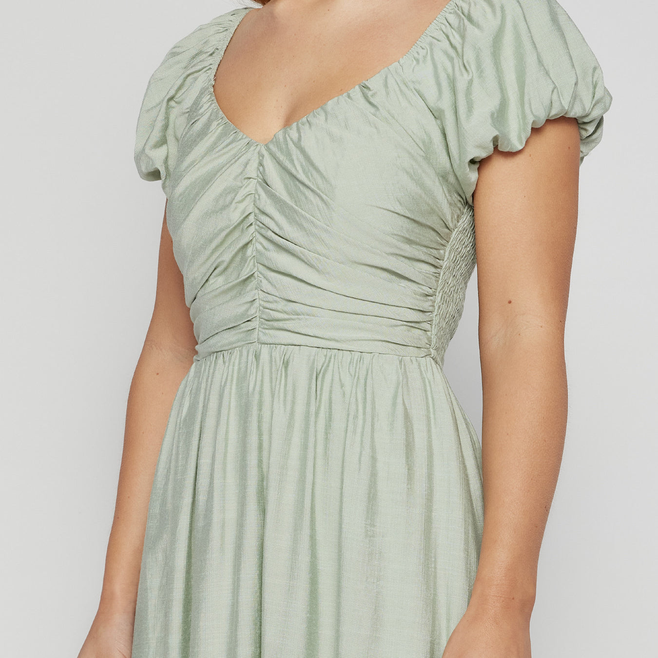 Bubble Sleeve Gathered Bodice Midi Dress