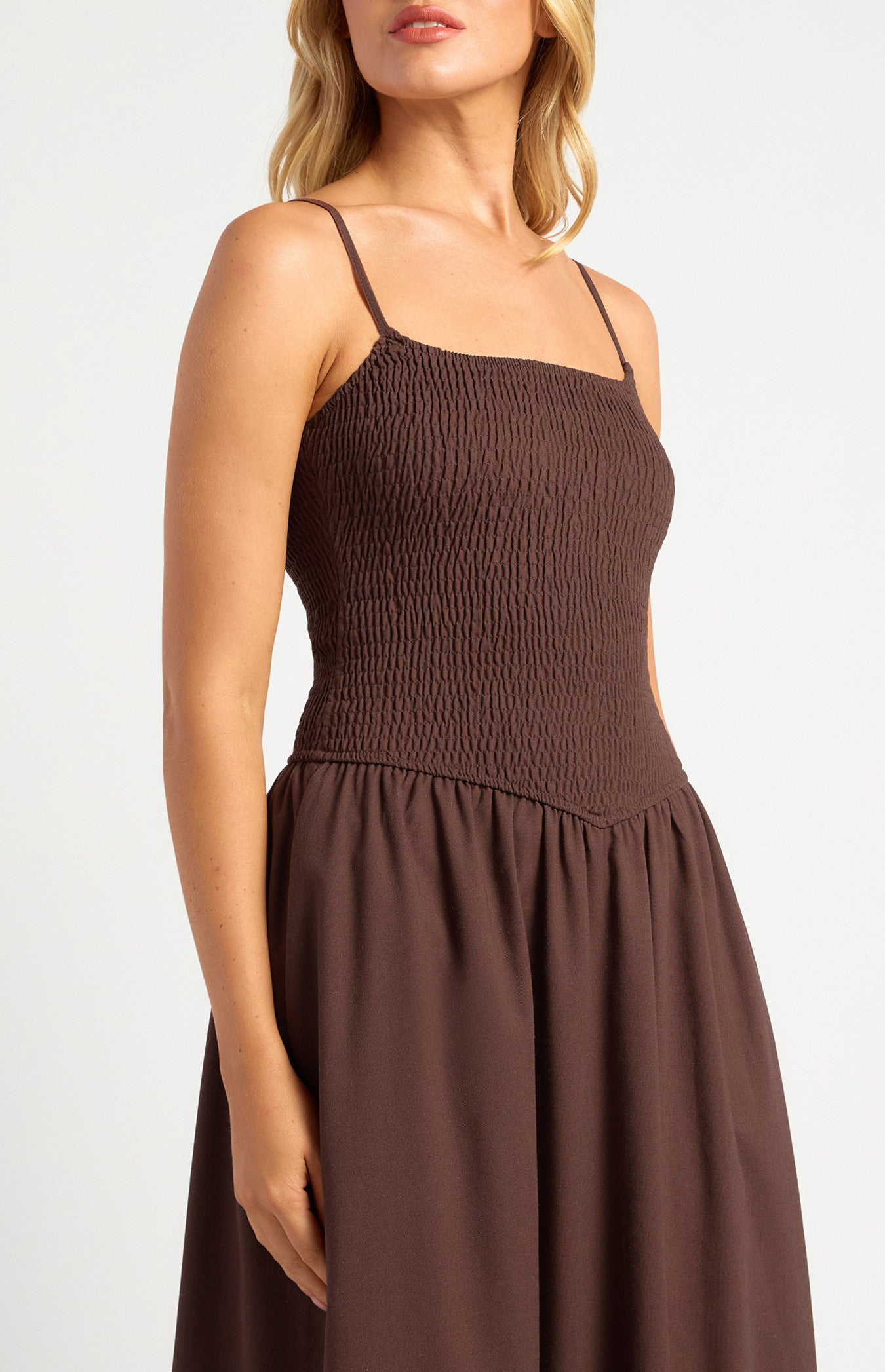 Cotton Linen Shirred Bodice V-Waist Midi Dress