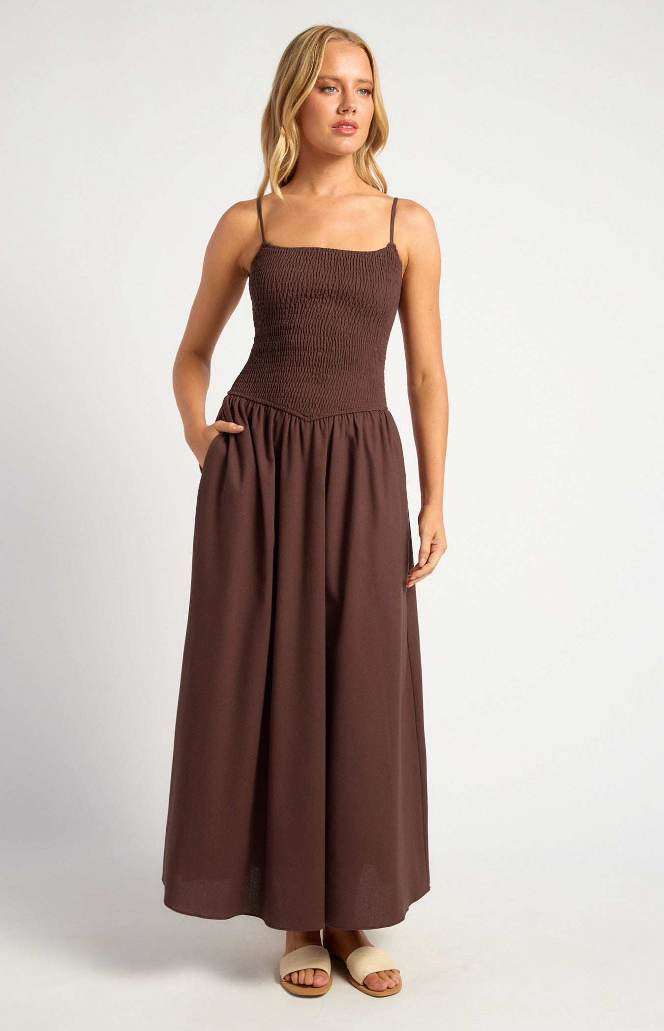 Cotton Linen Shirred Bodice V-Waist Midi Dress