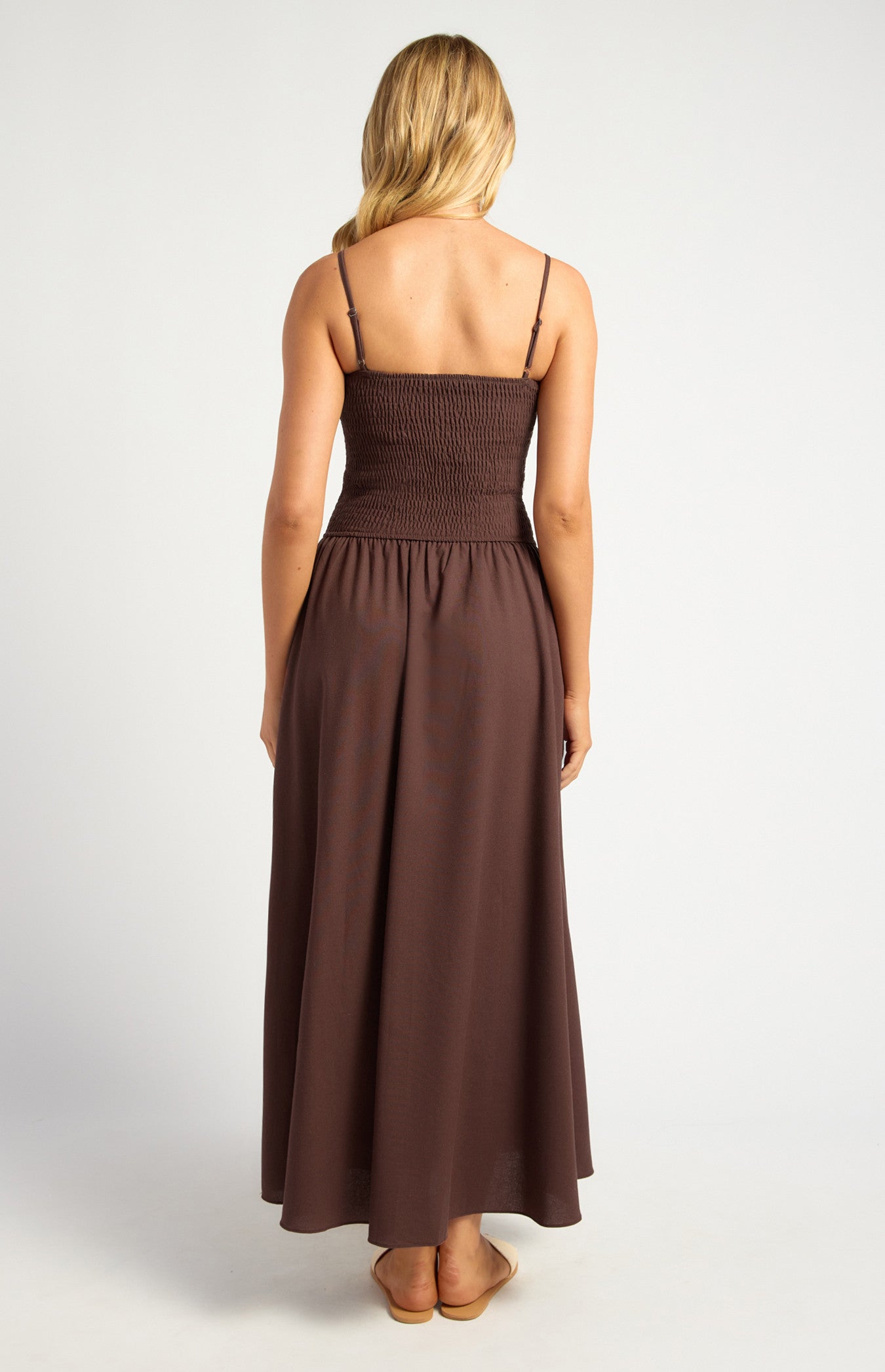 Cotton Linen Shirred Bodice V-Waist Midi Dress