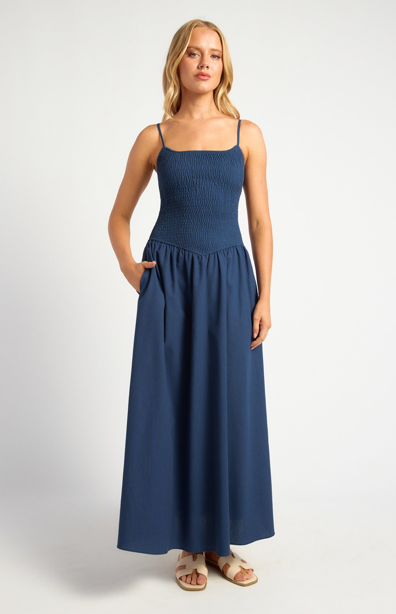 Cotton Linen Shirred Bodice V-Waist Midi Dress
