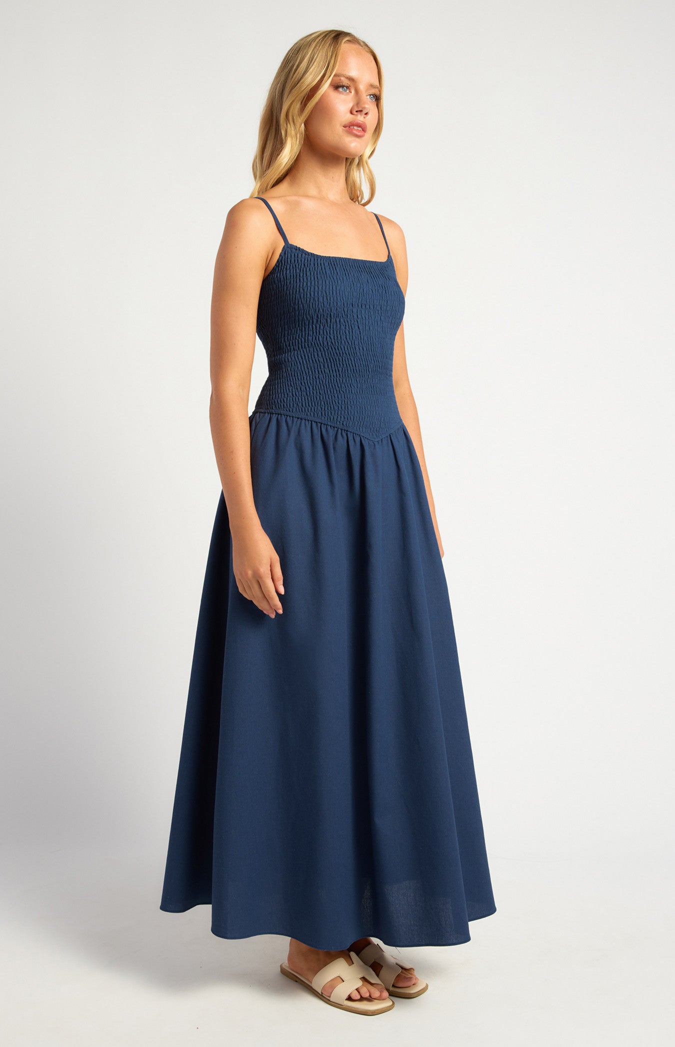 Cotton Linen Shirred Bodice V-Waist Midi Dress
