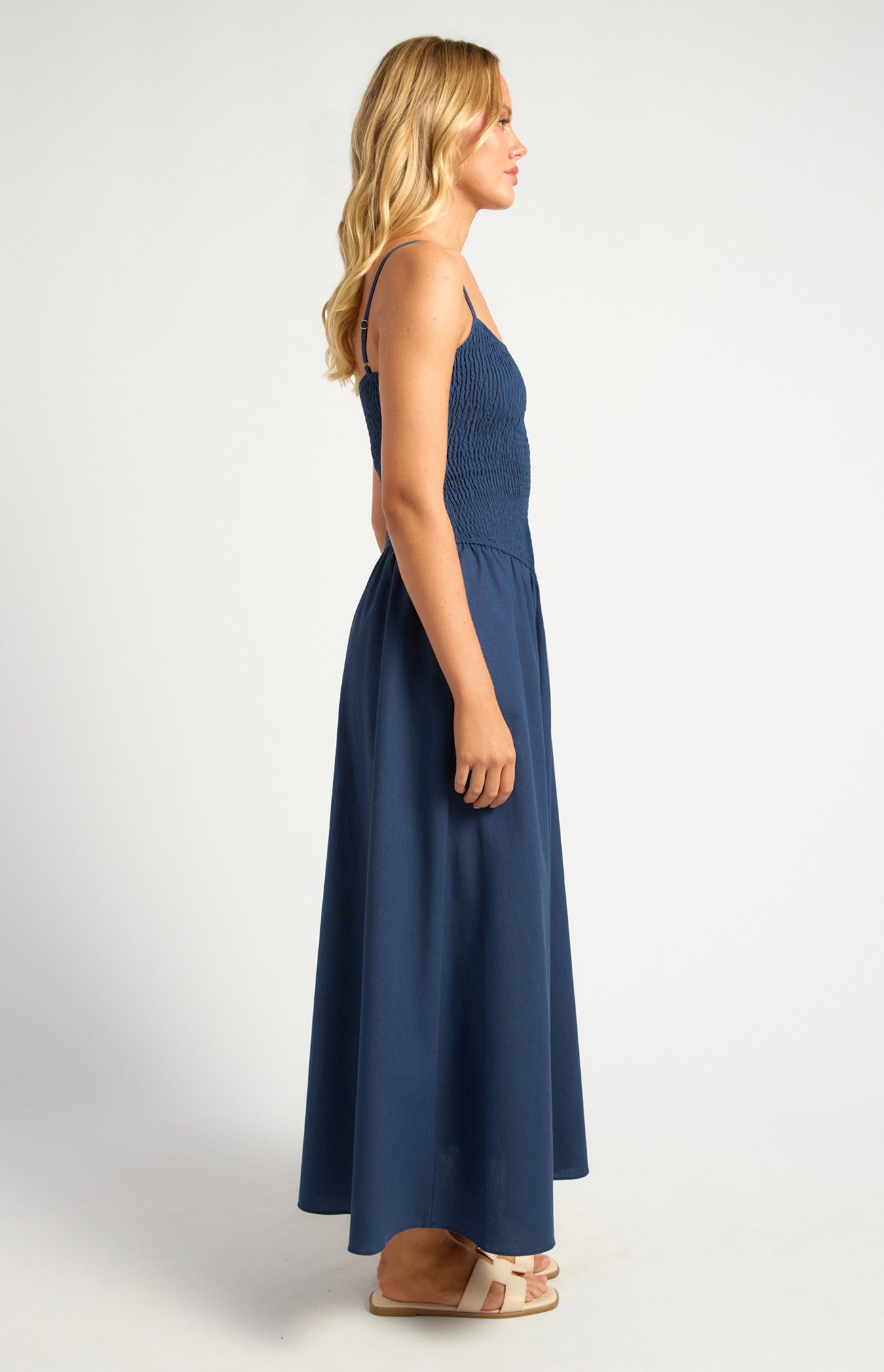 Cotton Linen Shirred Bodice V-Waist Midi Dress