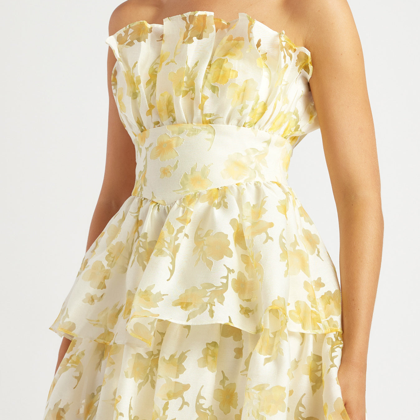 Ruffled Neckline Strapless Floral Organza Dress