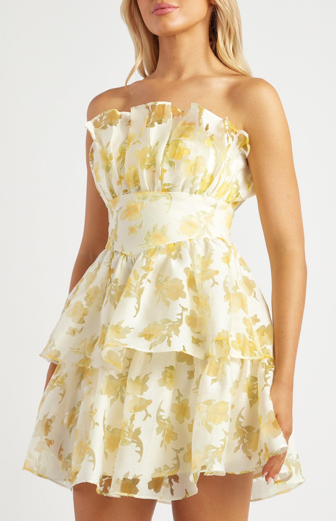 Ruffled Neckline Strapless Floral Organza Dress