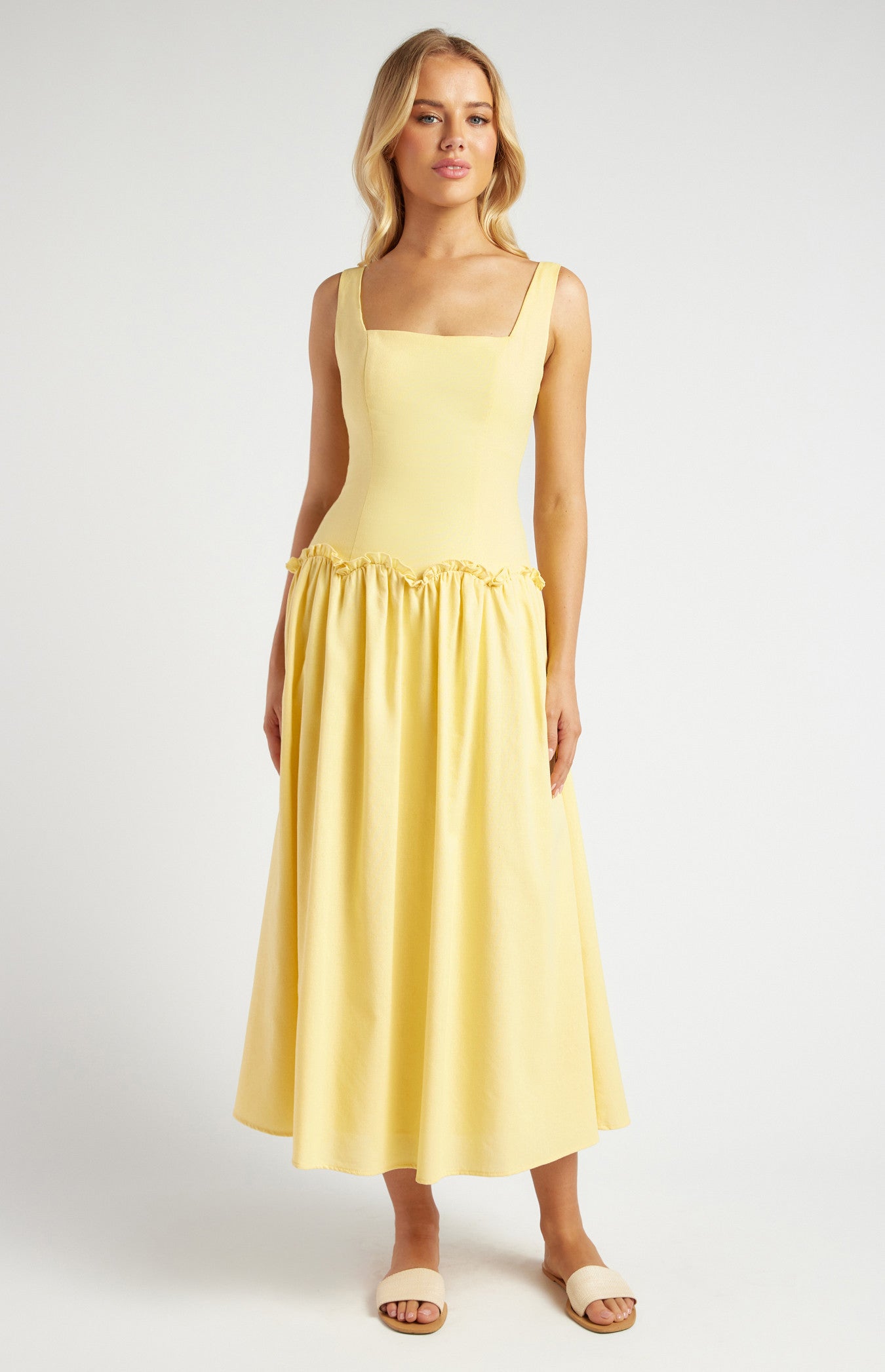 Drop Waist Scallop Frill Detail Midi Dress CITRINE & CIPHER Drop Waist Scallop Frill Detail Midi Dress CITRINE & CIPHER
