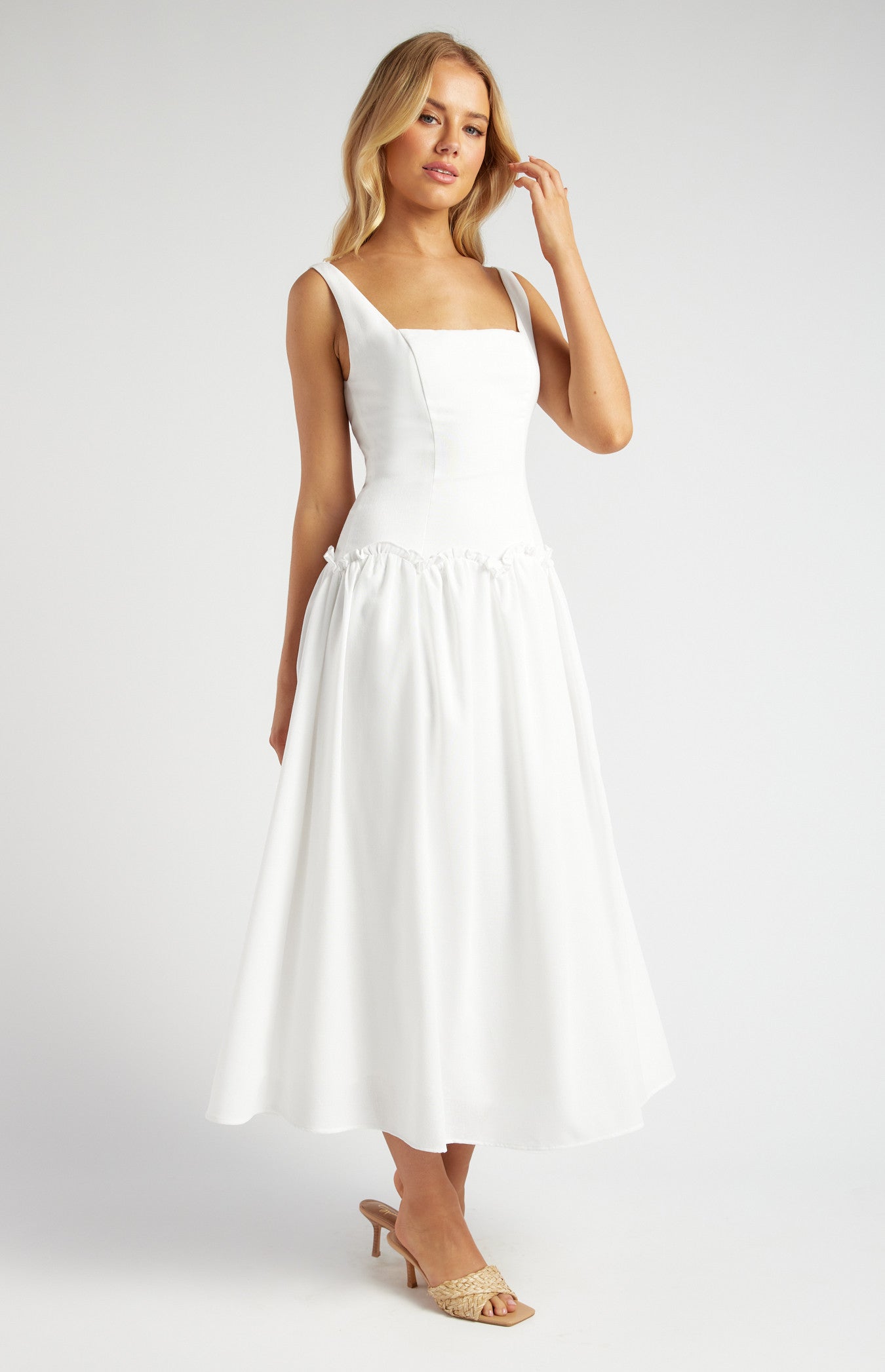 Drop Waist Scallop Frill Detail Midi Dress