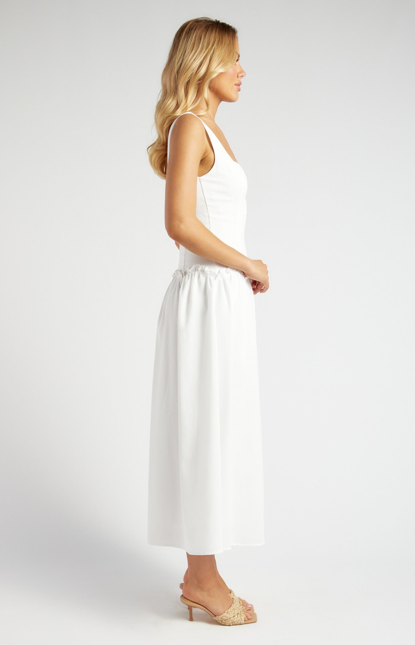 Drop Waist Scallop Frill Detail Midi Dress