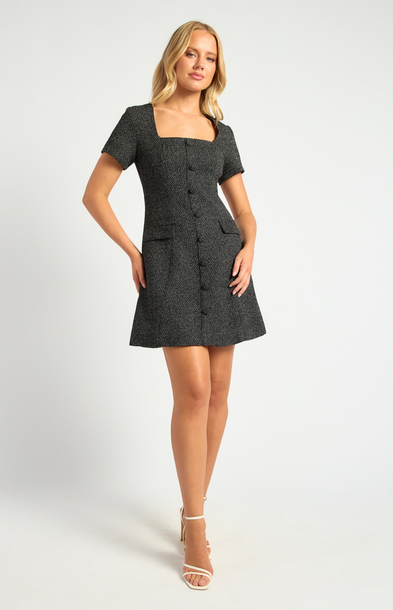 Tweed Mini Dress with Front Buttons and Faux Pocket