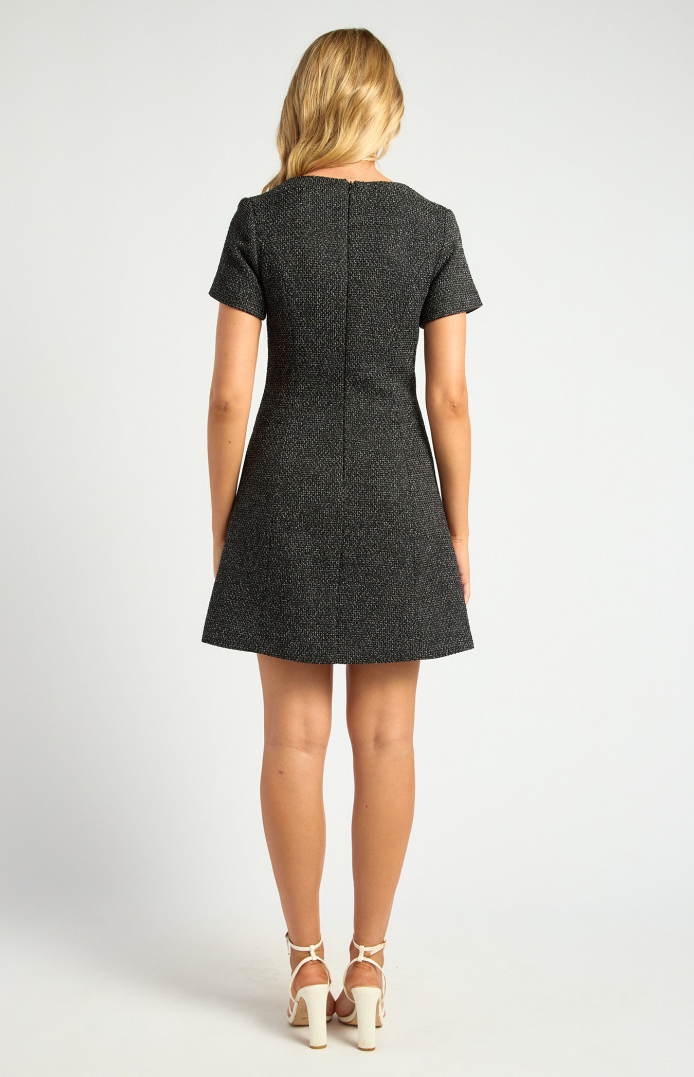 Tweed Mini Dress with Front Buttons and Faux Pocket