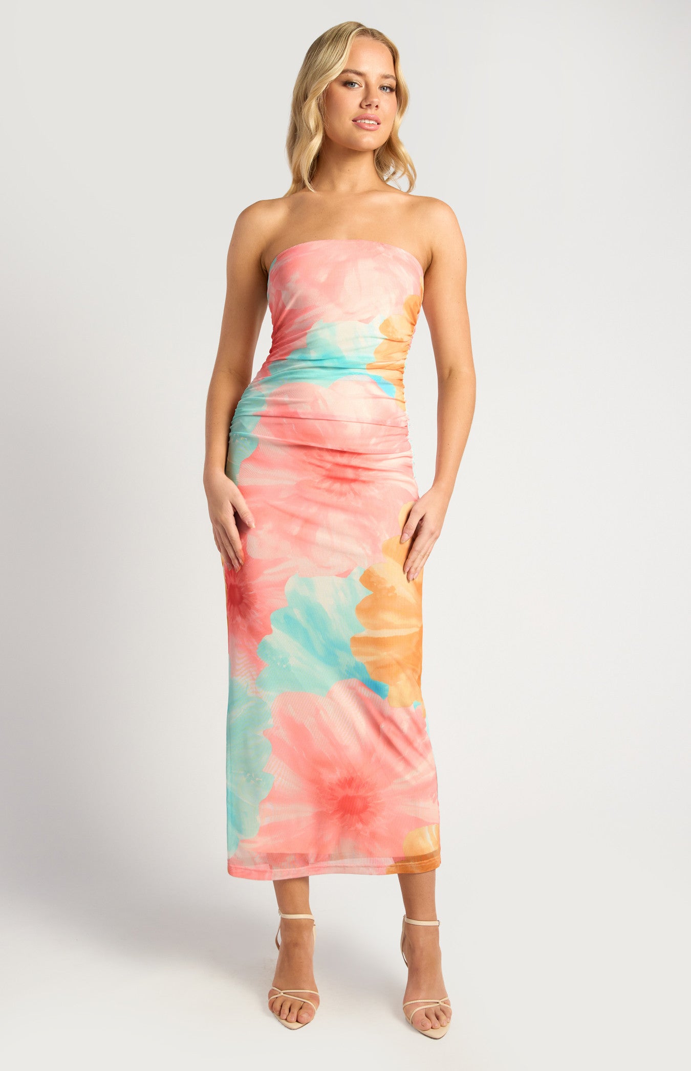 Contrast Floral Print Strapless Mesh Midi Dress