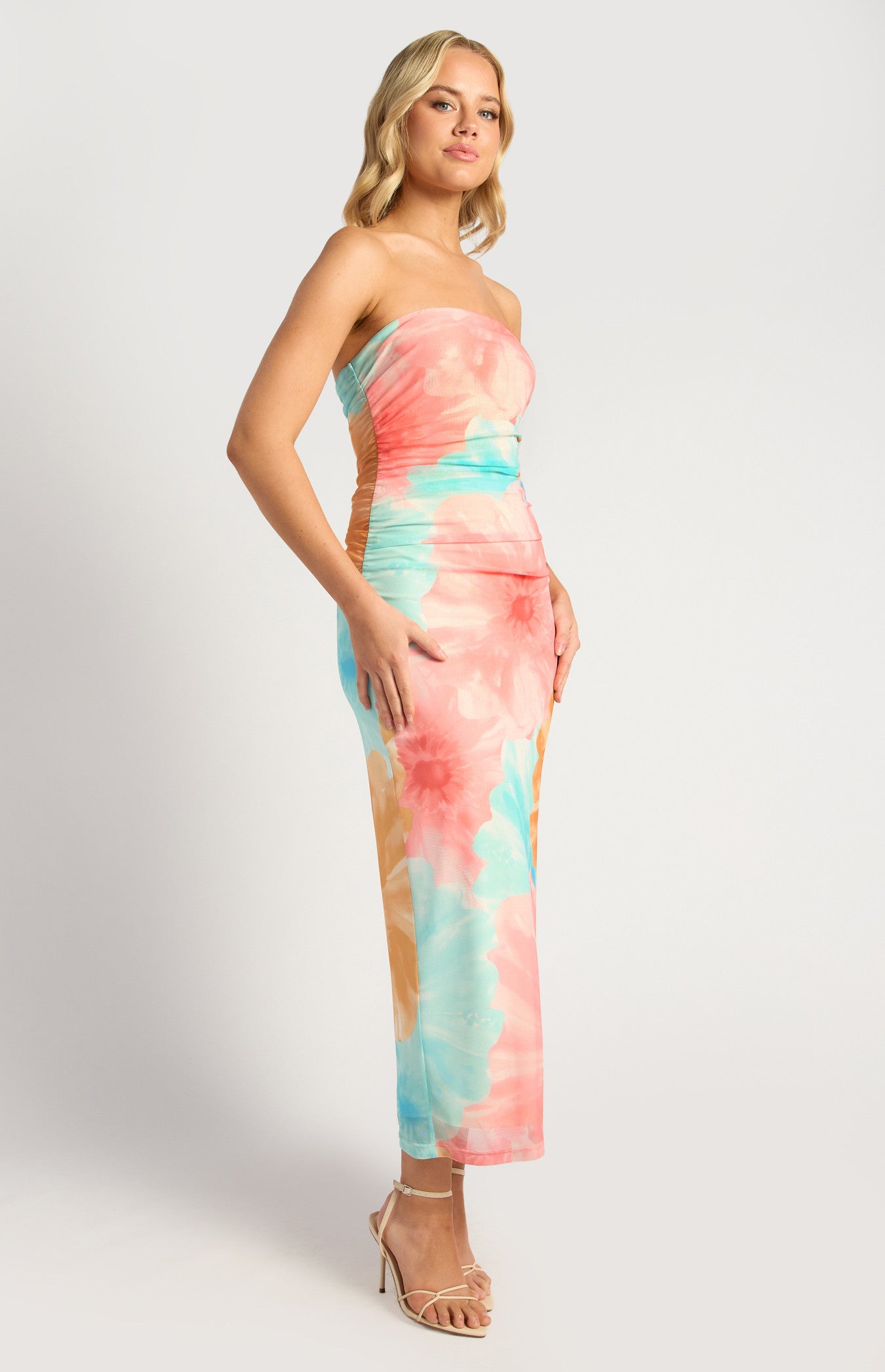 Contrast Floral Print Strapless Mesh Midi Dress