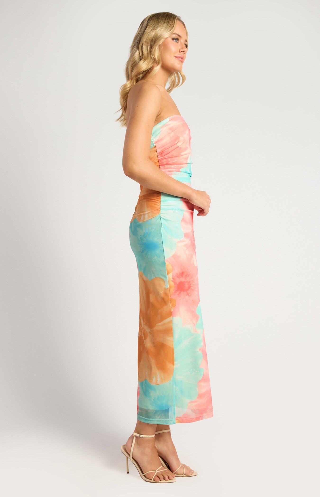 Contrast Floral Print Strapless Mesh Midi Dress