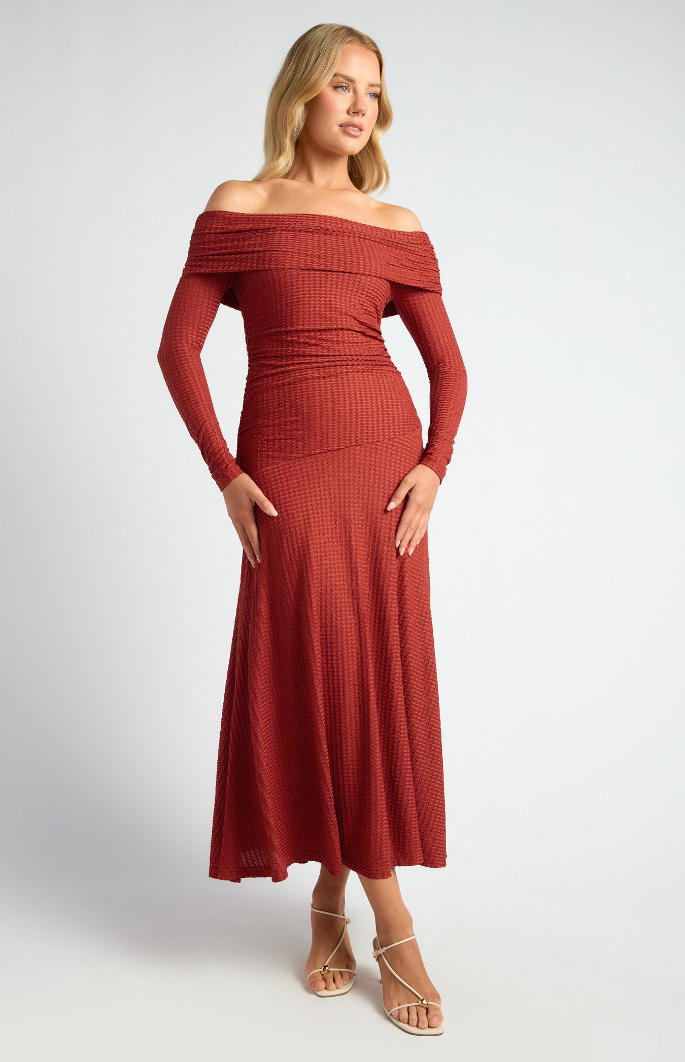Off Shoulder Ruched Bodice Textured Maxi Dress