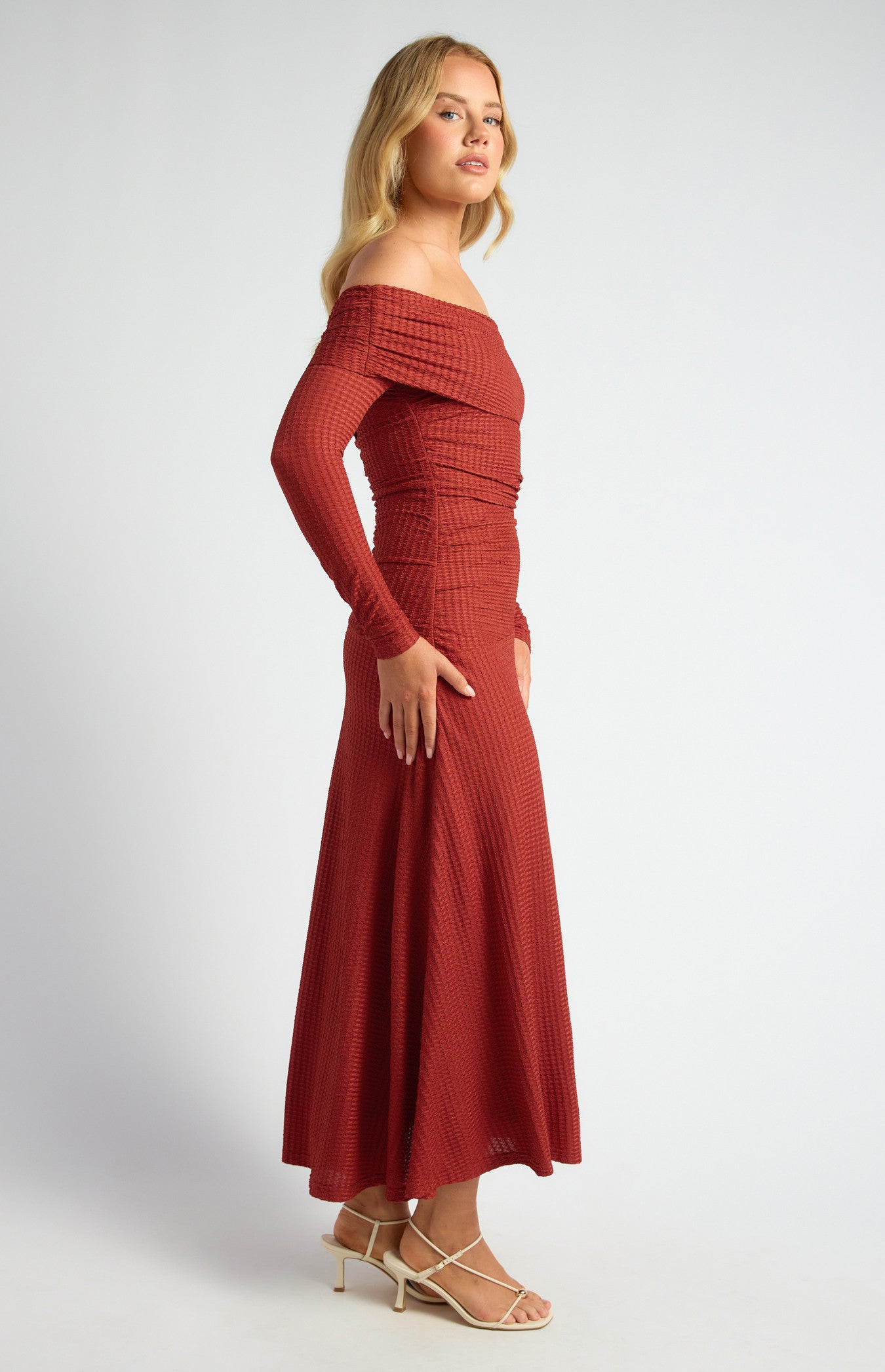 Off Shoulder Ruched Bodice Textured Maxi Dress