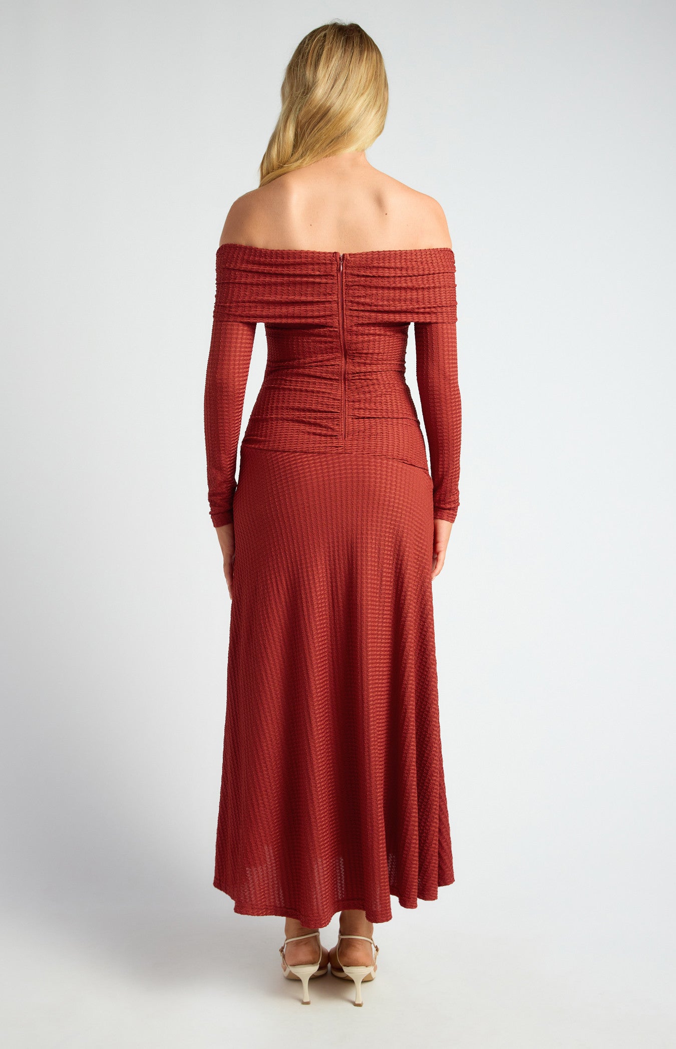 Off Shoulder Ruched Bodice Textured Maxi Dress