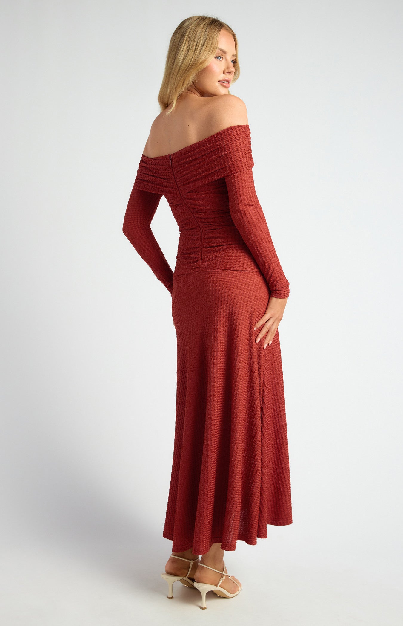 Off Shoulder Ruched Bodice Textured Maxi Dress