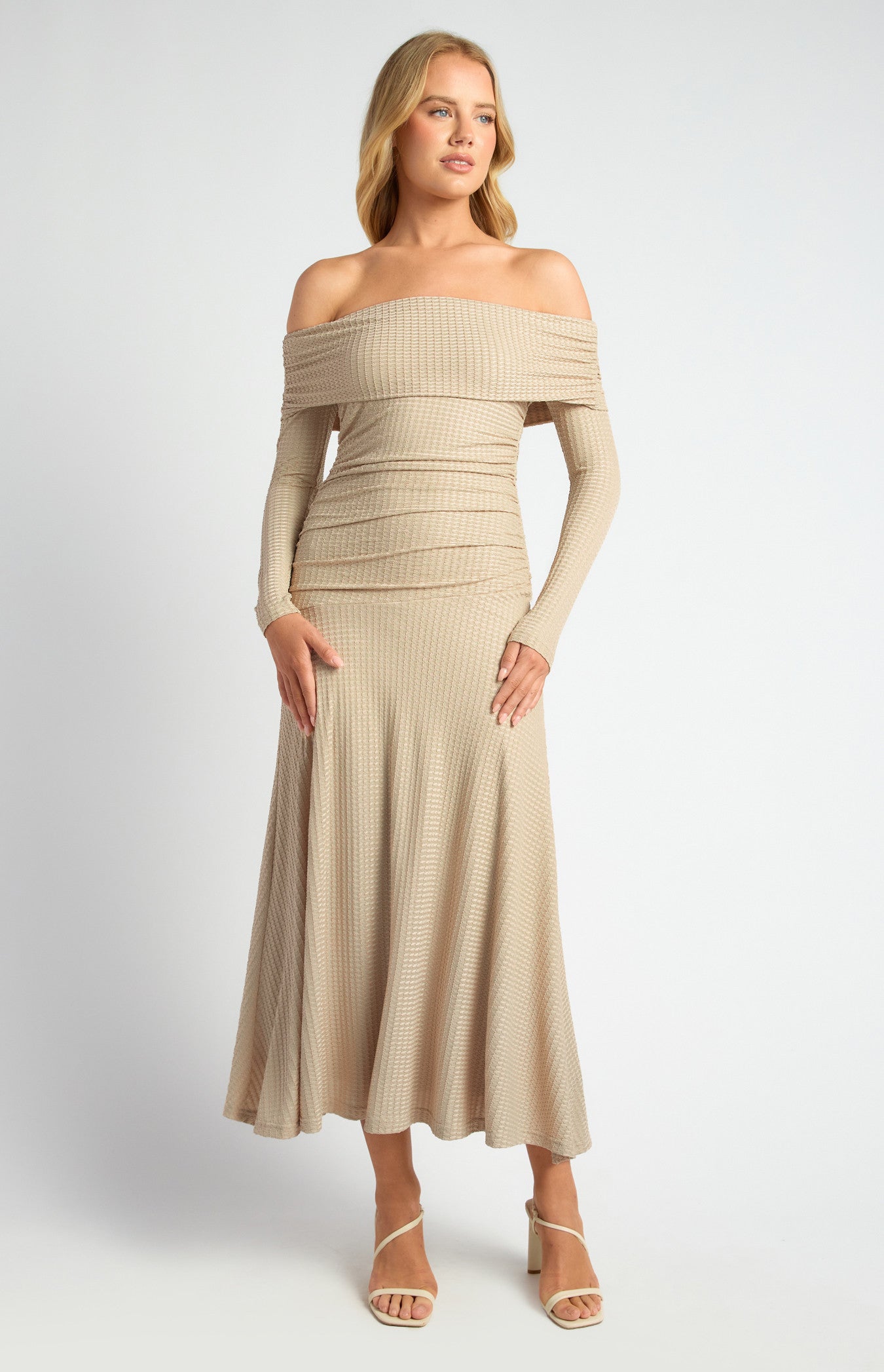 Off Shoulder Ruched Bodice Textured Maxi Dress