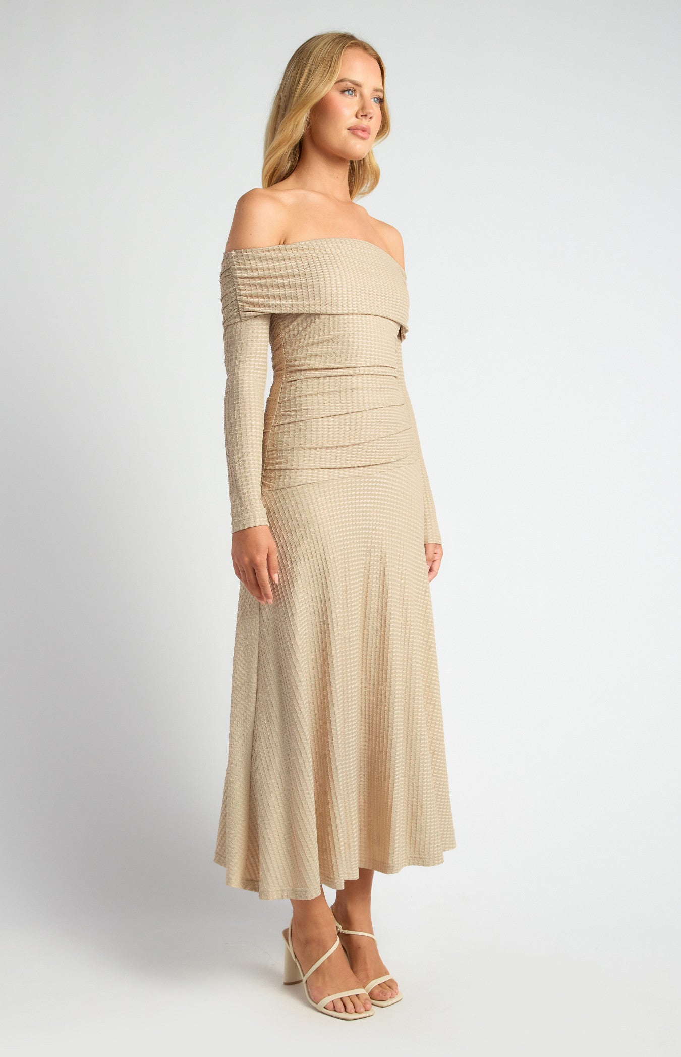 Off Shoulder Ruched Bodice Textured Maxi Dress