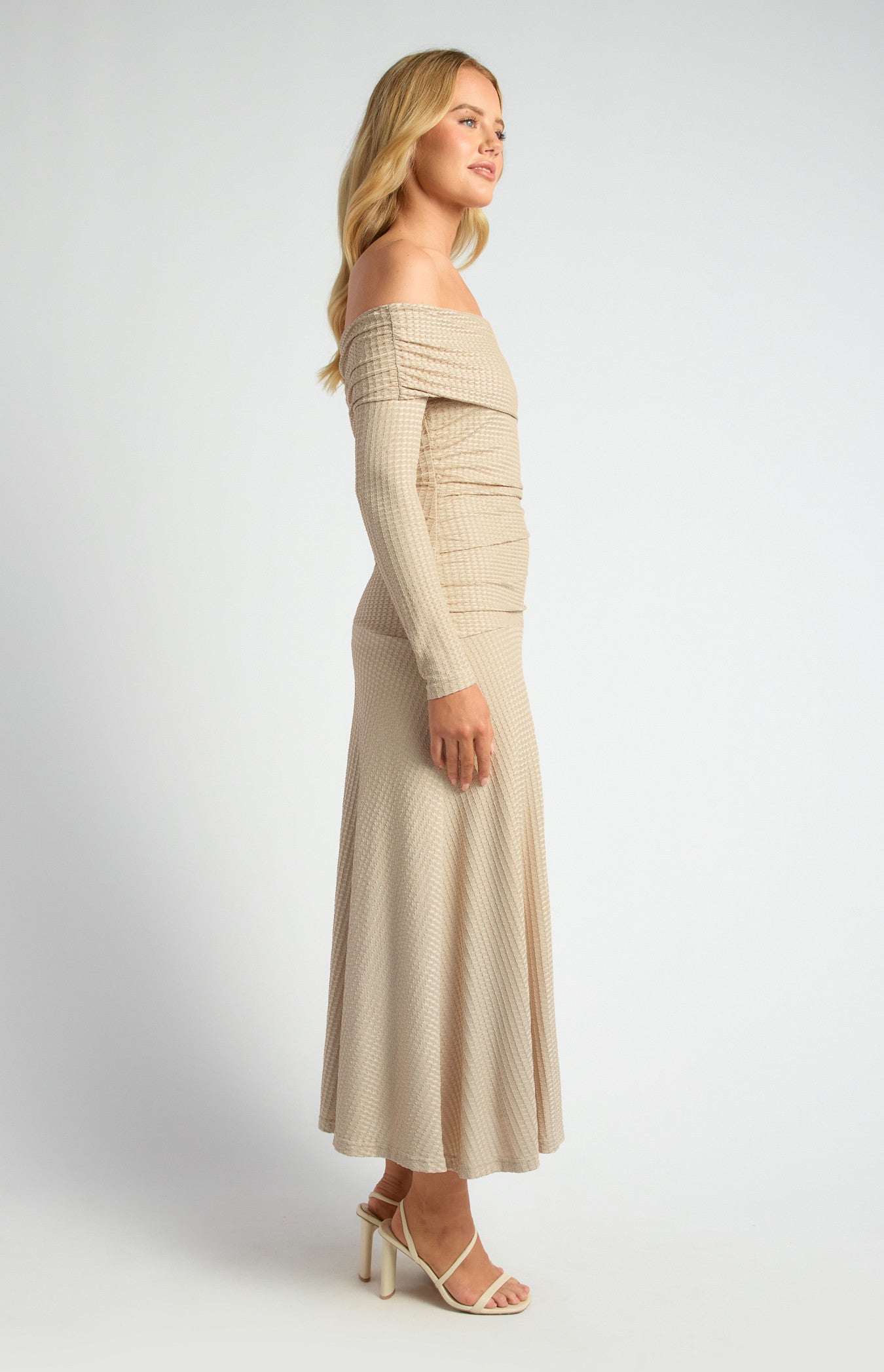 Off Shoulder Ruched Bodice Textured Maxi Dress