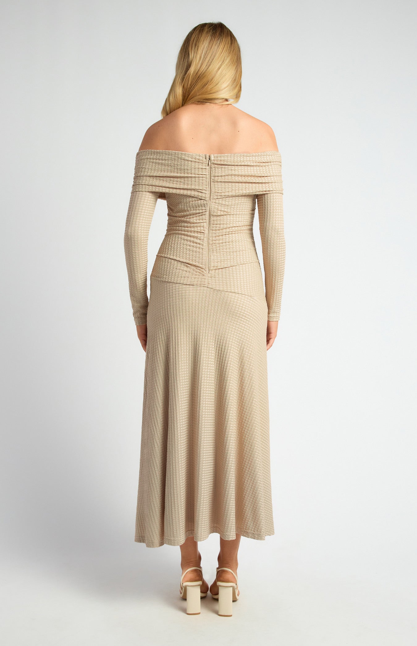 Off Shoulder Ruched Bodice Textured Maxi Dress