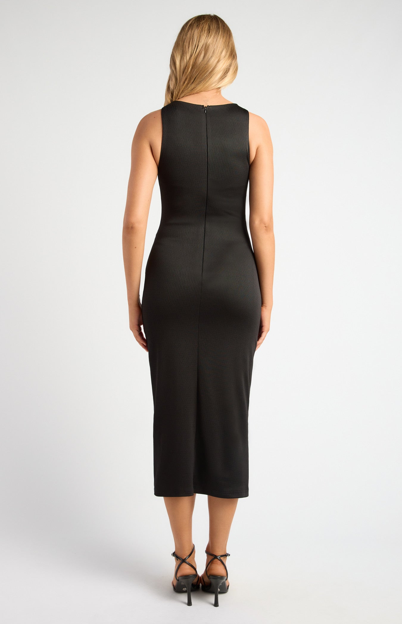 Textured Jersey Dress with Waist Gathering and Gold Ring Feature