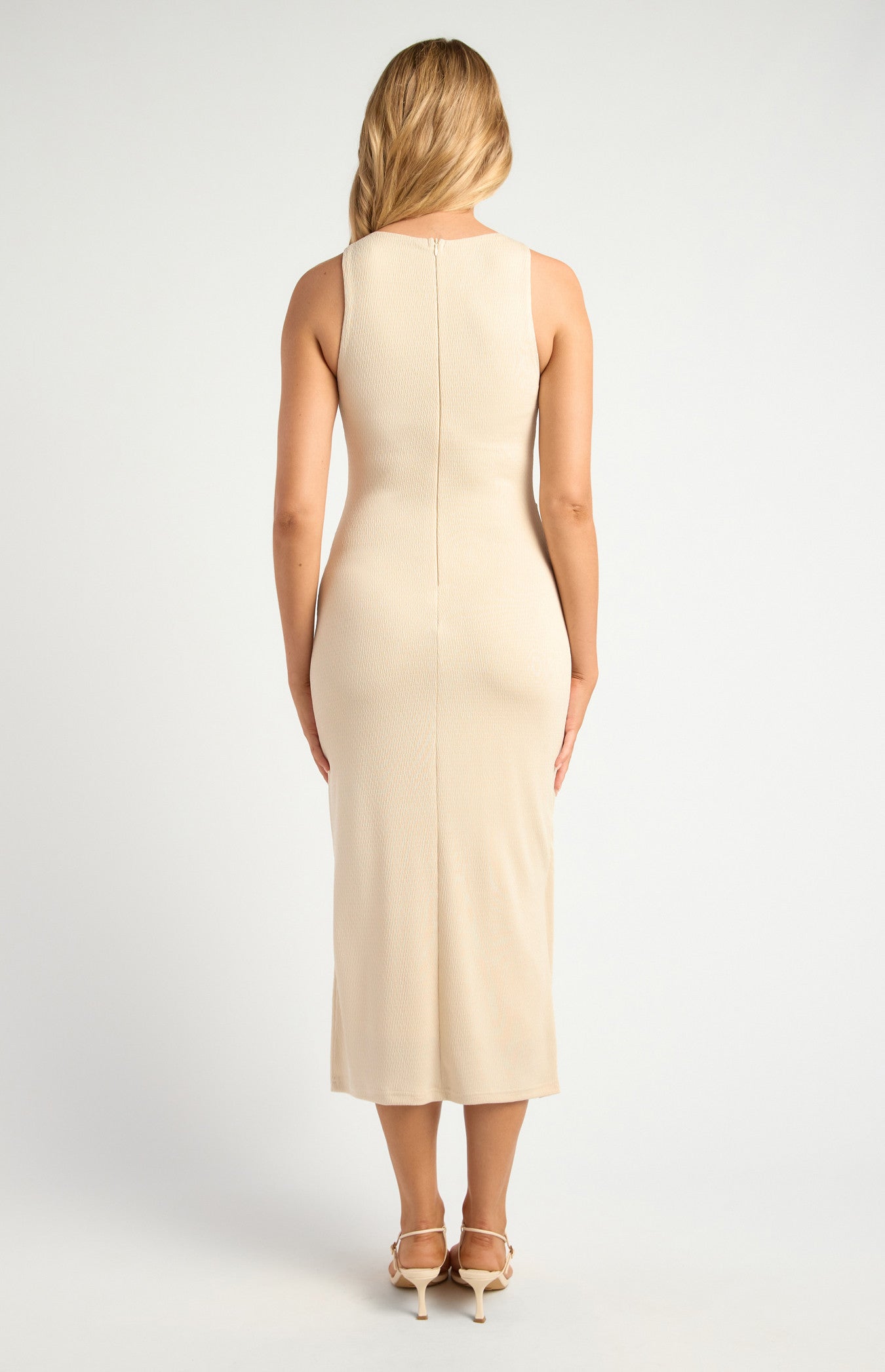 Textured Jersey Dress with Waist Gathering and Gold Ring Feature