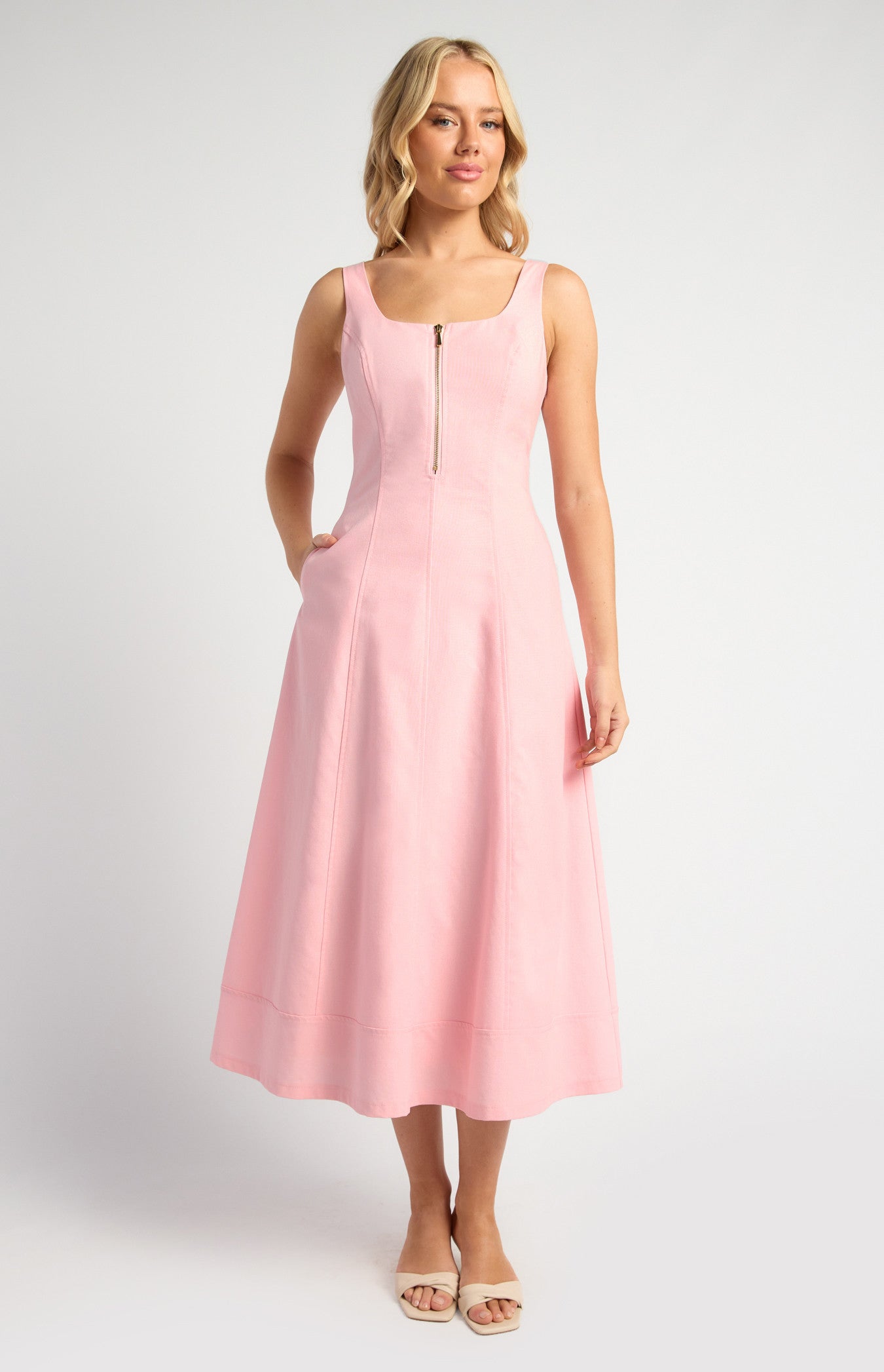 Cotton Linen Panel Detail Midi Dress with Centre Front Zip