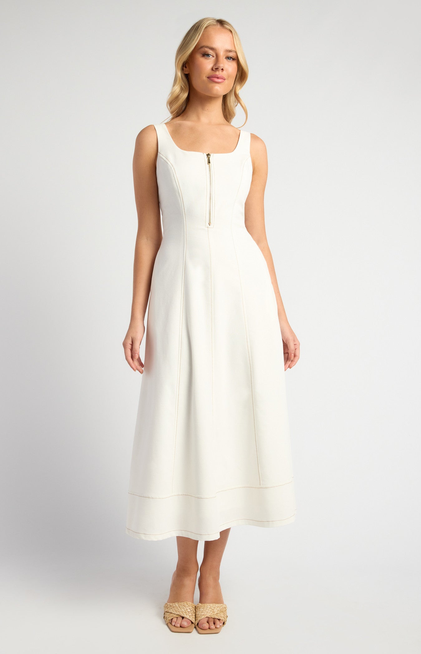Cotton Linen Panel Detail Midi Dress with Centre Front Zip
