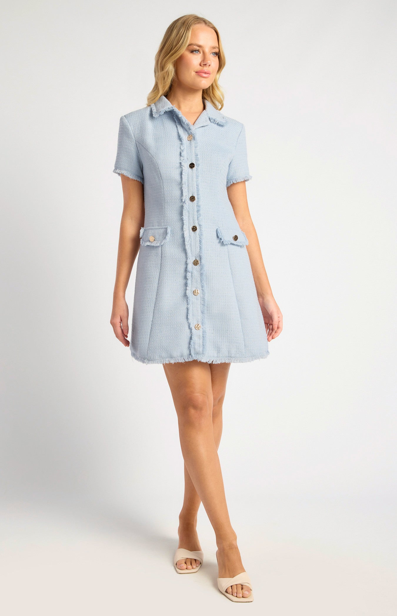 Gold Button Feature Fray Detail Collared Tweed Dress