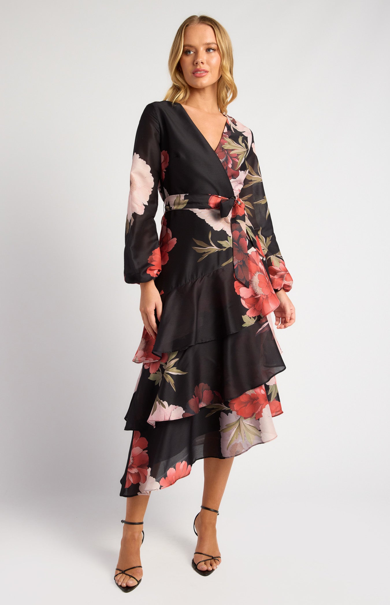 Exclusive Floral Print Asymmetric Tiered Hem Midi Dress
