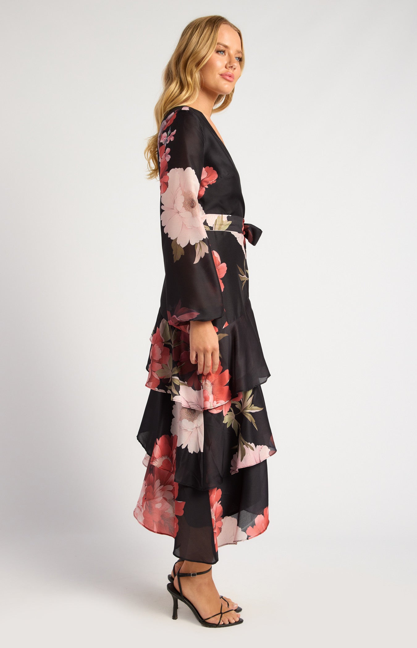 Exclusive Floral Print Asymmetric Tiered Hem Midi Dress