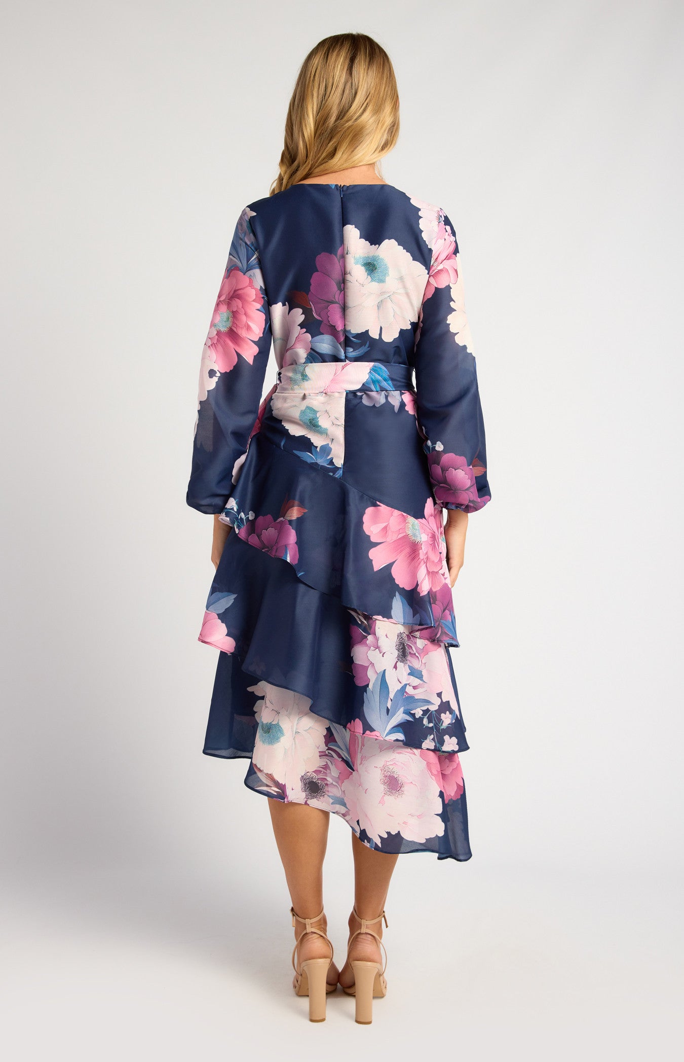 Exclusive Floral Print Asymmetric Tiered Hem Midi Dress