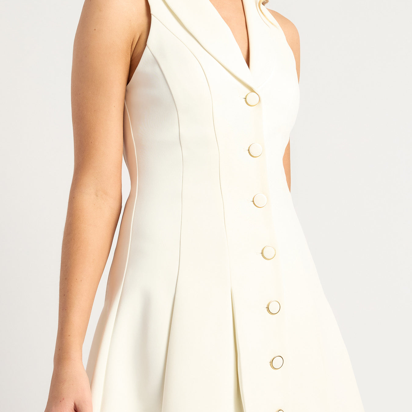 Curved Lapel Gold Accent Buttons Pleated Hem Dress