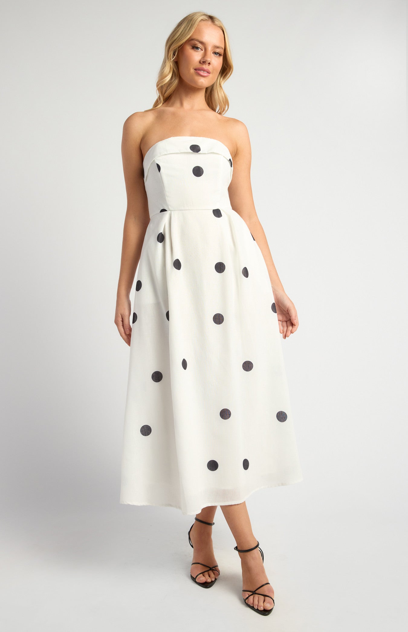 Polkadot Folded Neckline Midi Dress with Pockets