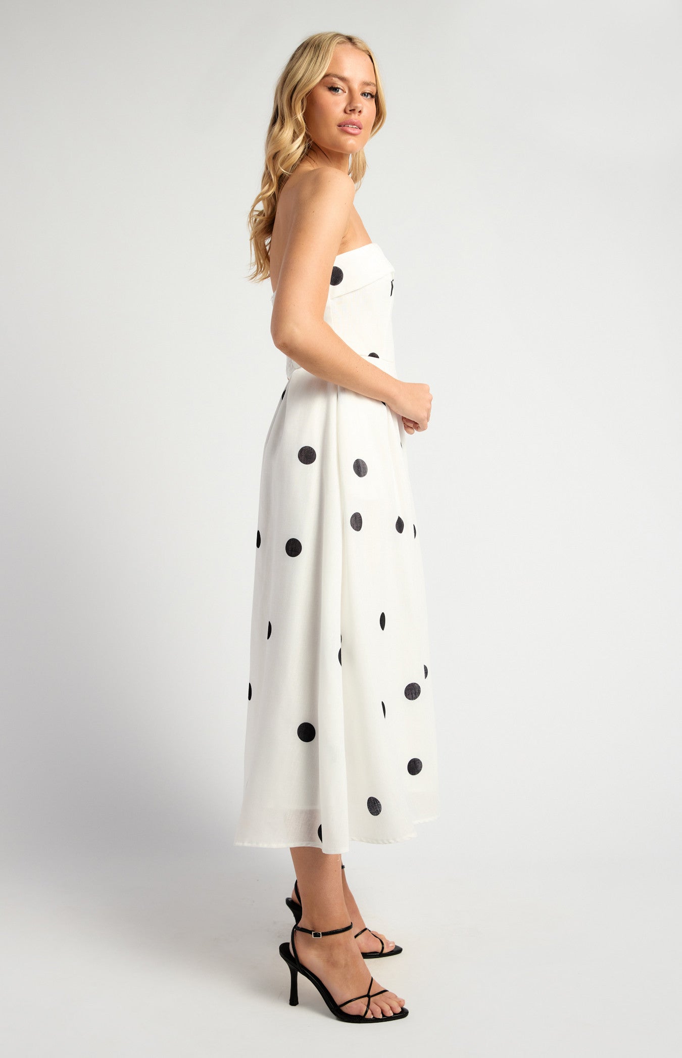 Polkadot Folded Neckline Midi Dress with Pockets