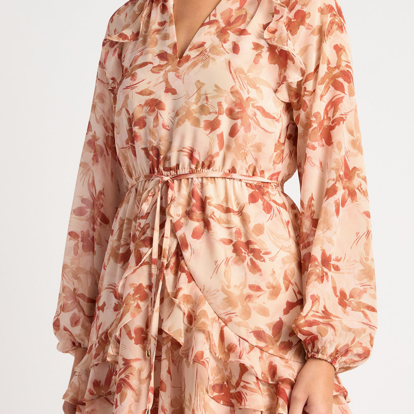 Floral Print Chiffon Dress with Elastic Waist and Ruffle