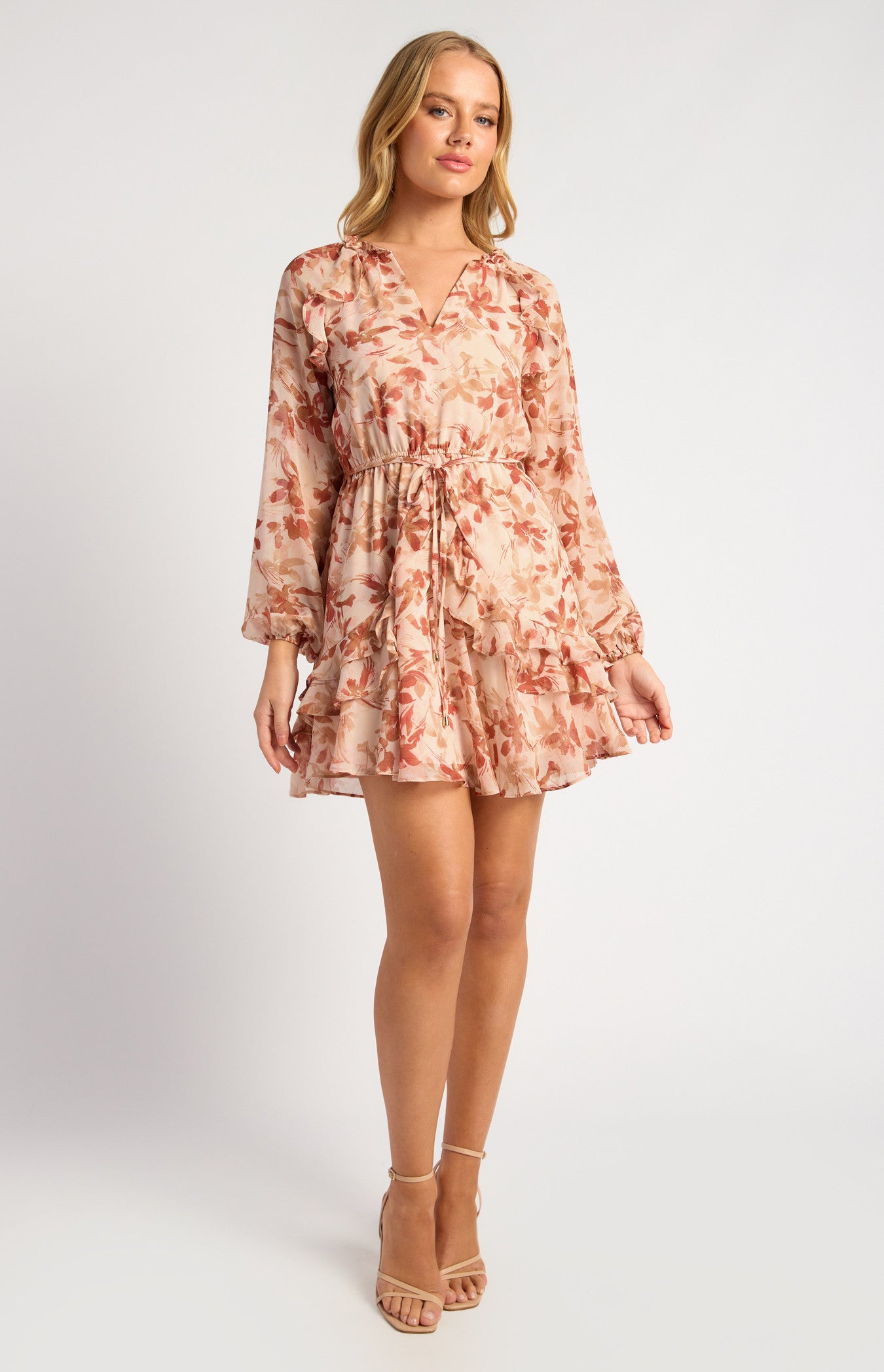 Floral Print Chiffon Dress with Elastic Waist and Ruffle