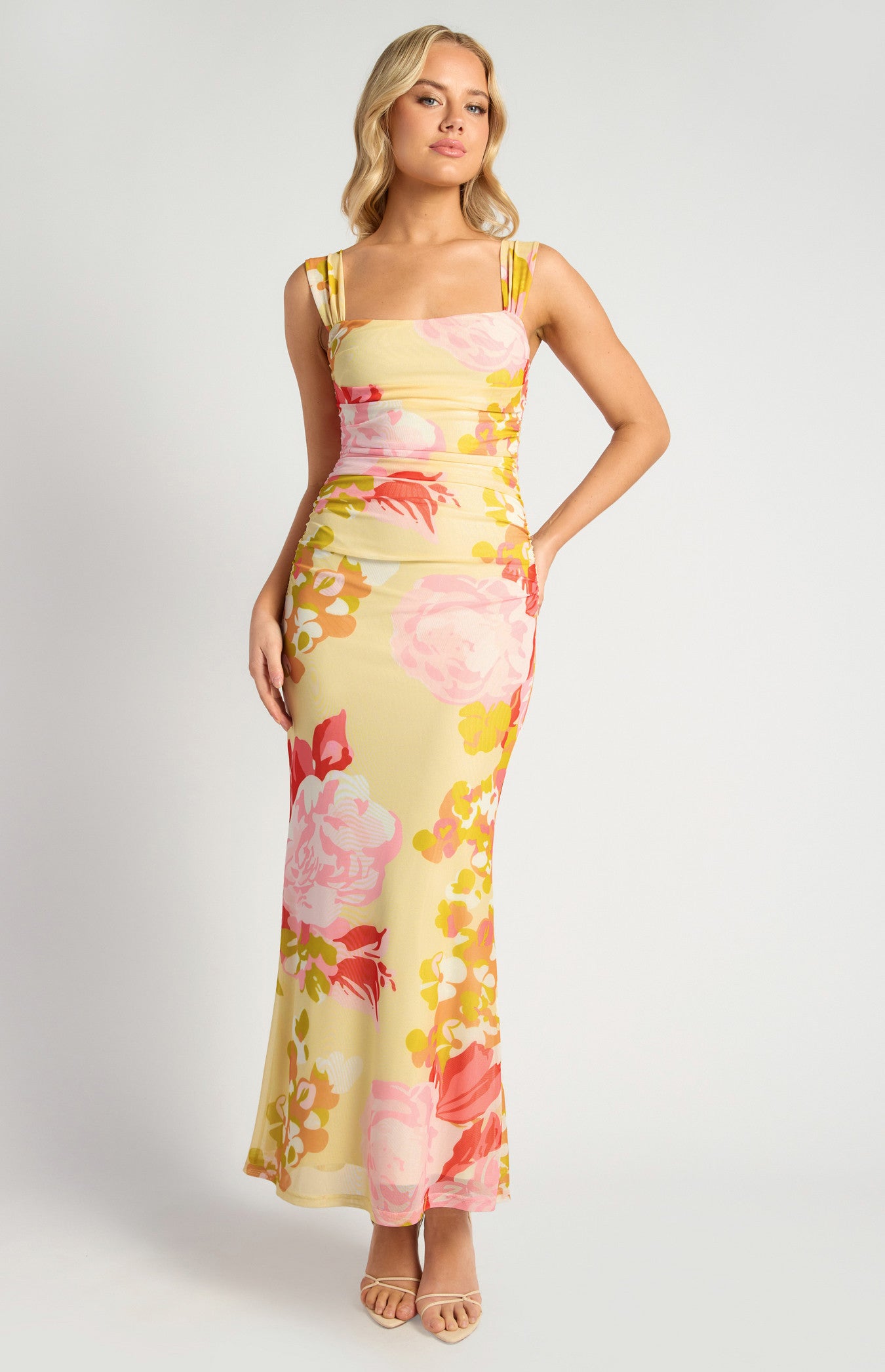 Floral Print Ruched Bodice Detail Mesh Dress